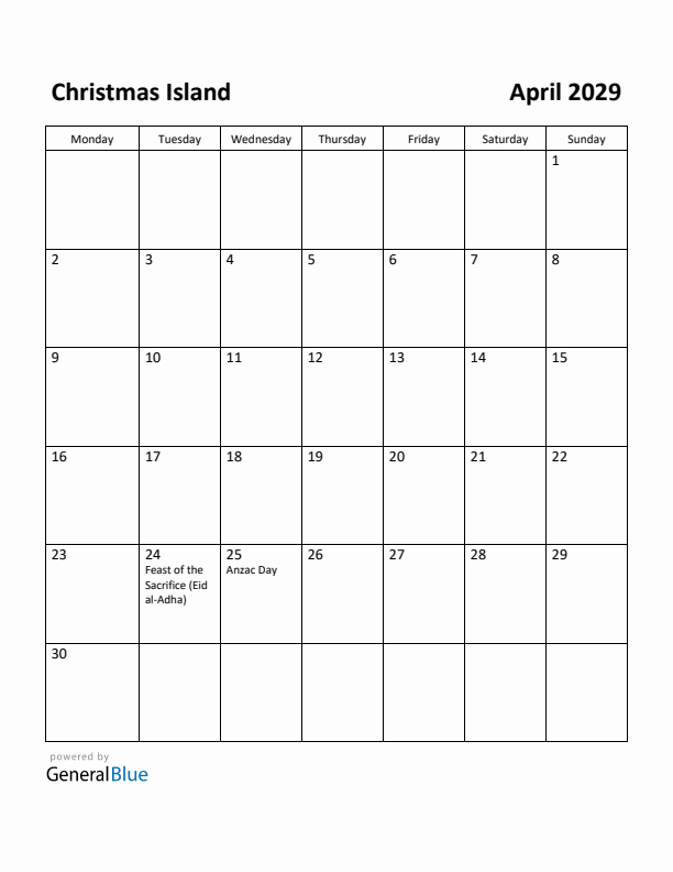 April 2029 Calendar with Christmas Island Holidays