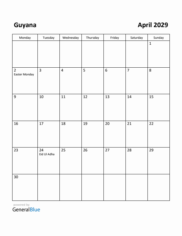 April 2029 Calendar with Guyana Holidays