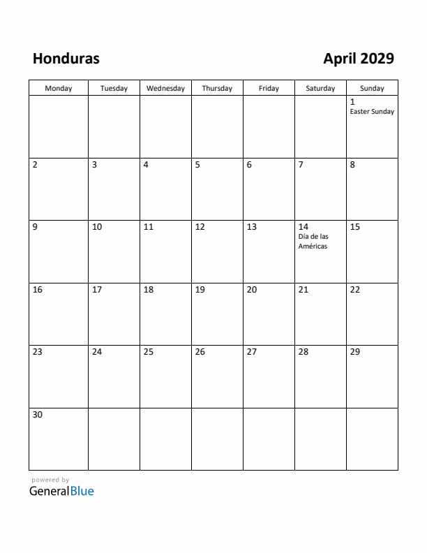 April 2029 Calendar with Honduras Holidays