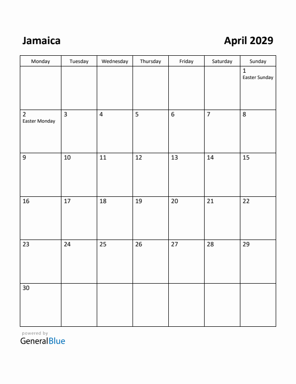 April 2029 Calendar with Jamaica Holidays