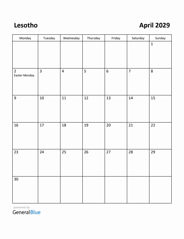 April 2029 Calendar with Lesotho Holidays