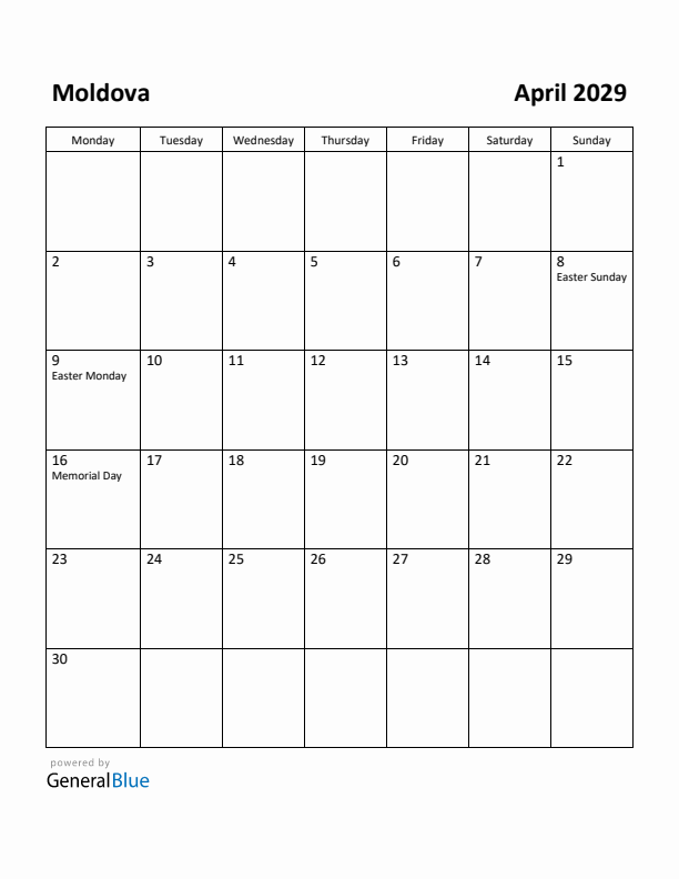 April 2029 Calendar with Moldova Holidays