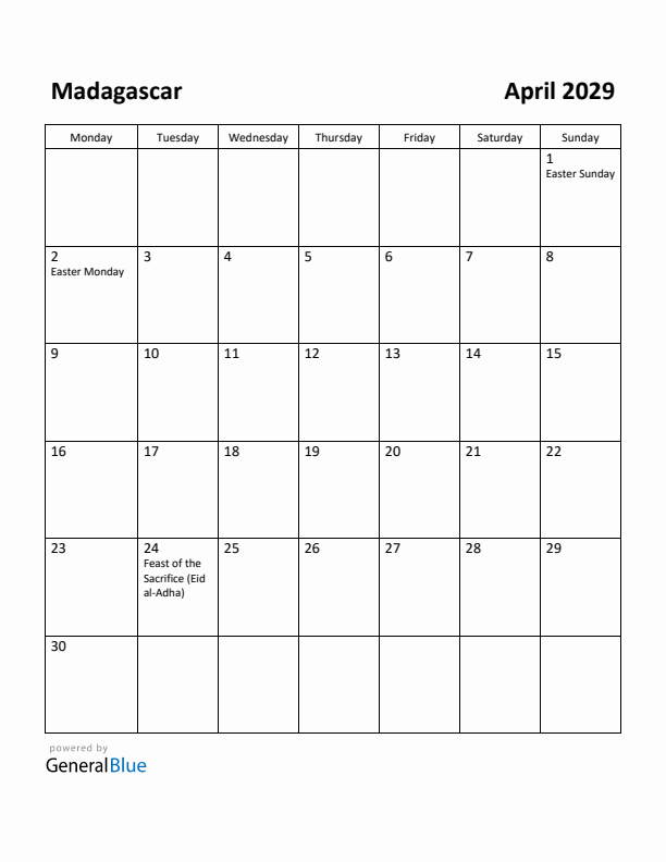 April 2029 Calendar with Madagascar Holidays