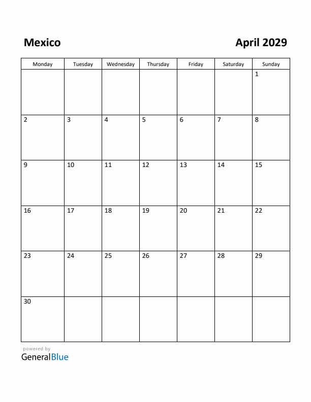 April 2029 Calendar with Mexico Holidays