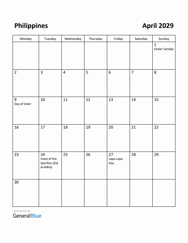 April 2029 Calendar with Philippines Holidays