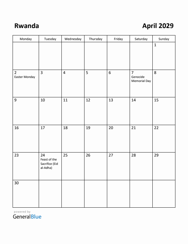 April 2029 Calendar with Rwanda Holidays