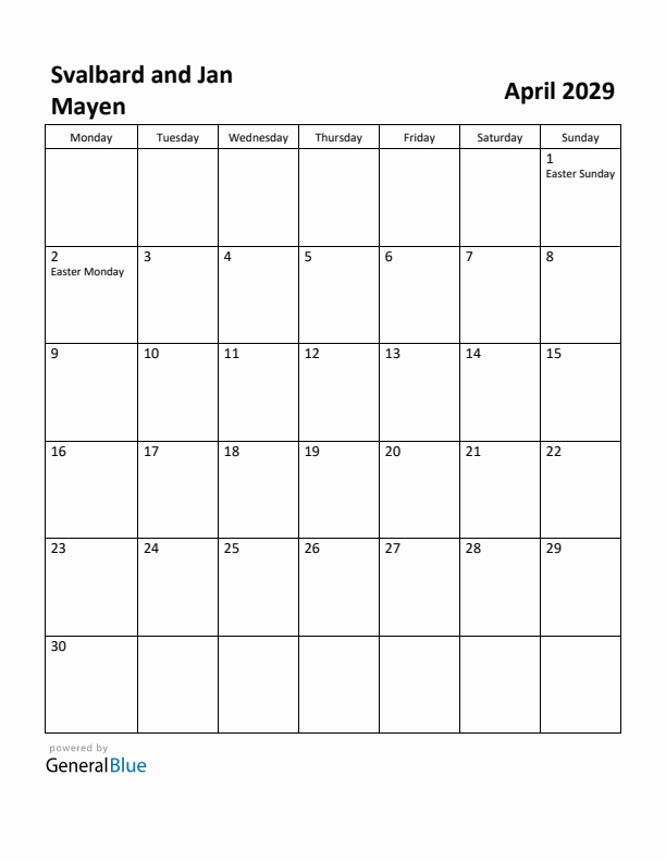April 2029 Calendar with Svalbard and Jan Mayen Holidays