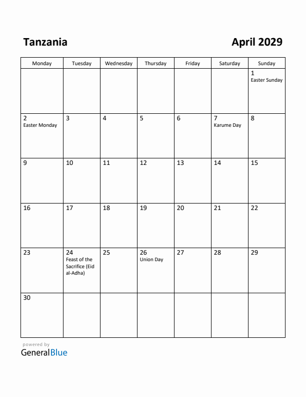April 2029 Calendar with Tanzania Holidays