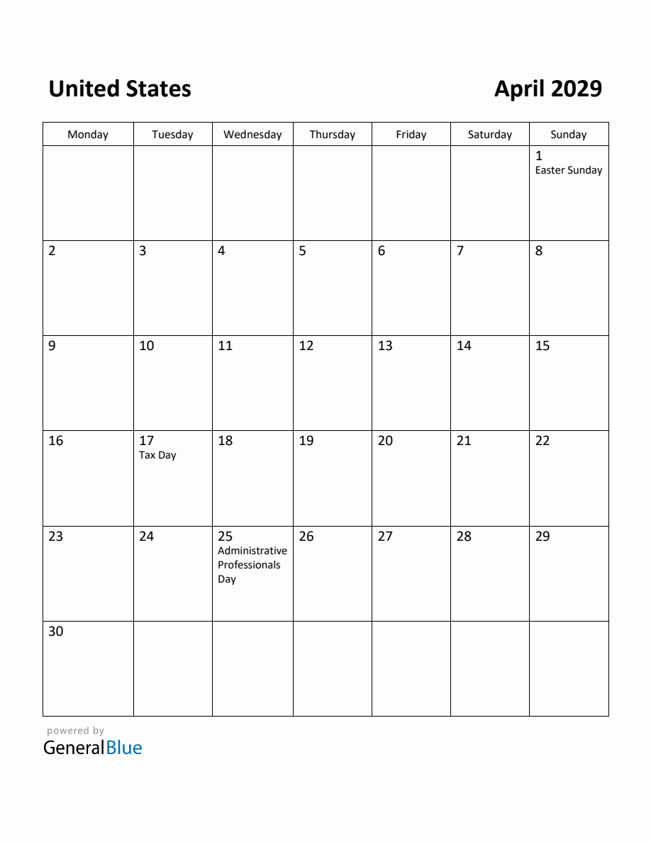 Free Printable April 2029 Calendar For United States