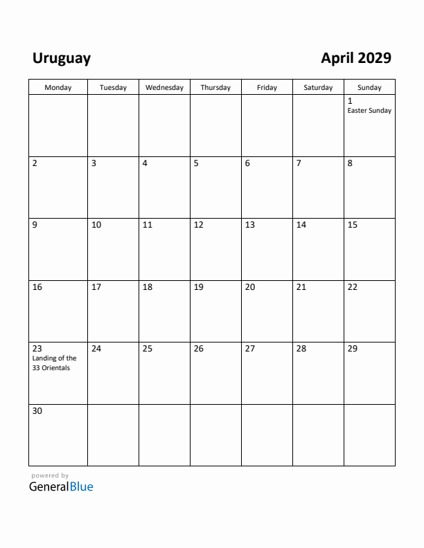 April 2029 Calendar with Uruguay Holidays