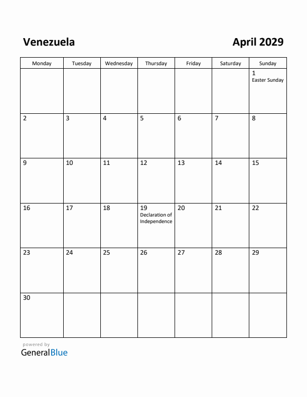 April 2029 Calendar with Venezuela Holidays