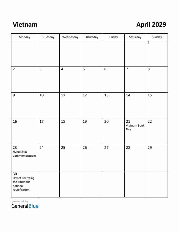 April 2029 Calendar with Vietnam Holidays