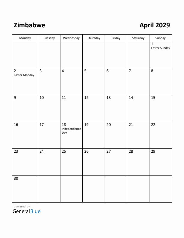 April 2029 Calendar with Zimbabwe Holidays