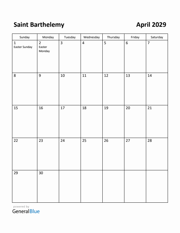 April 2029 Calendar with Saint Barthelemy Holidays