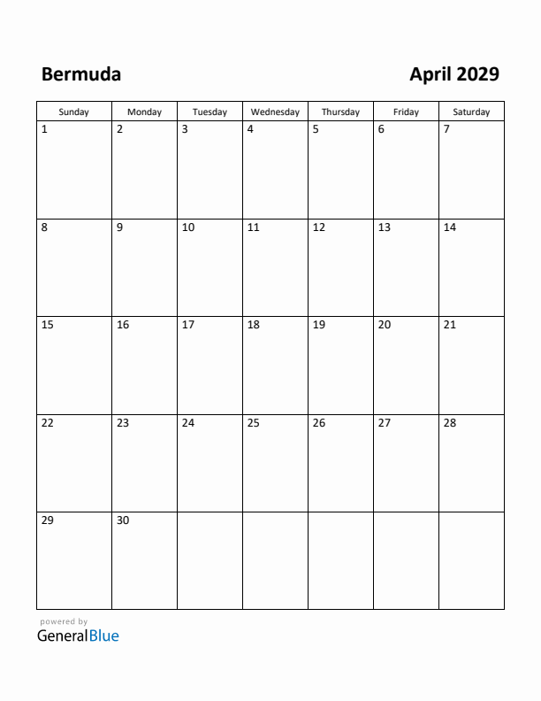 April 2029 Calendar with Bermuda Holidays