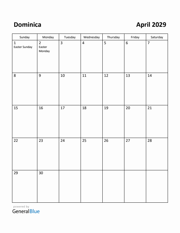 April 2029 Calendar with Dominica Holidays