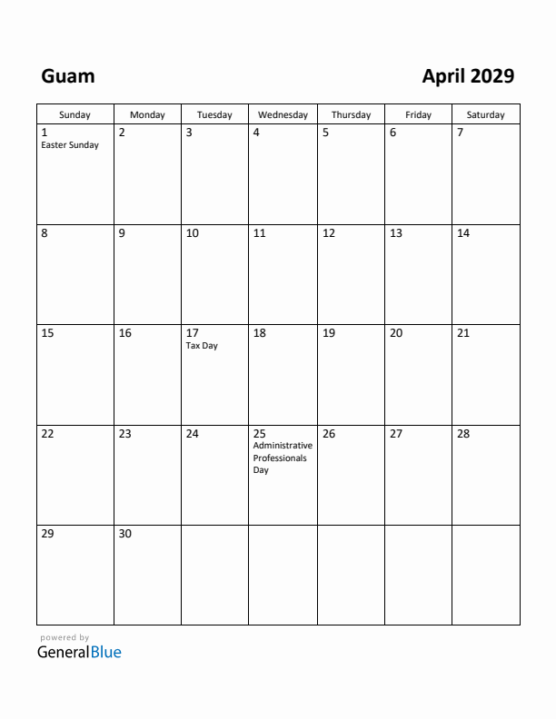 April 2029 Calendar with Guam Holidays