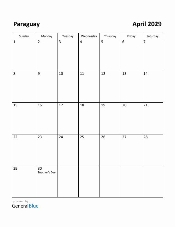 April 2029 Calendar with Paraguay Holidays