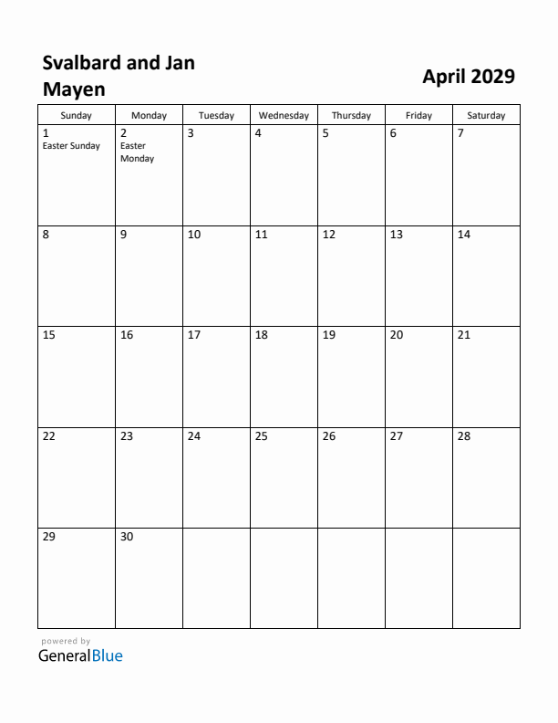 April 2029 Calendar with Svalbard and Jan Mayen Holidays