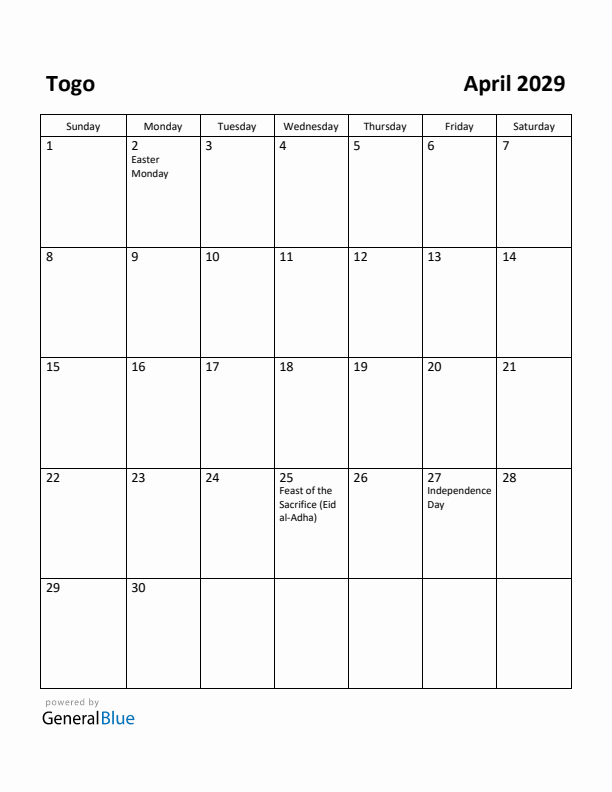 April 2029 Calendar with Togo Holidays