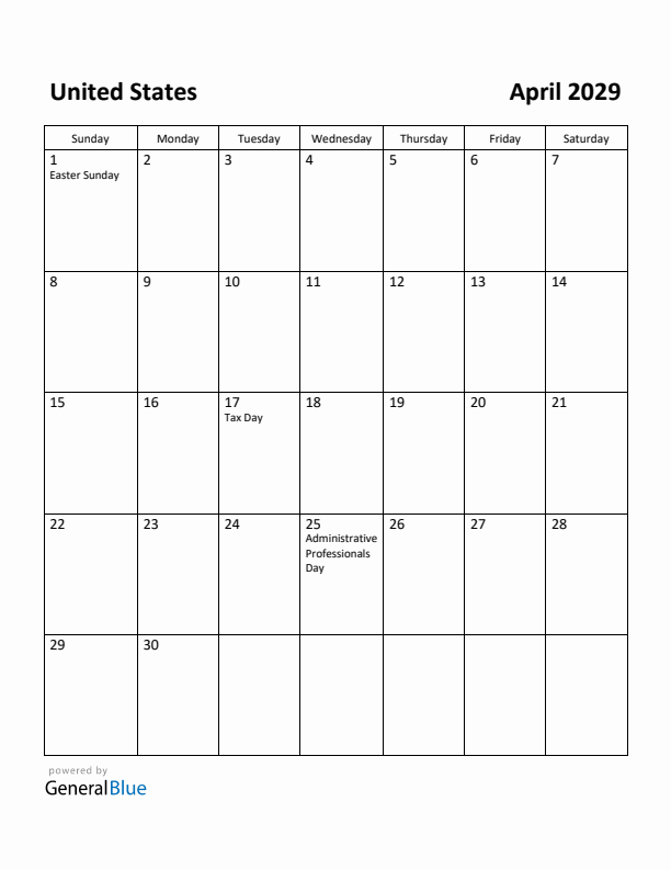 April 2029 Calendar with United States Holidays