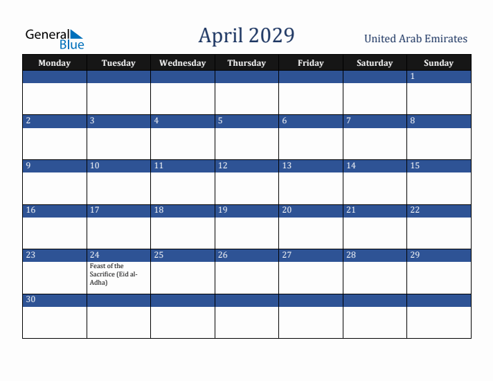 April 2029 United Arab Emirates Calendar (Monday Start)