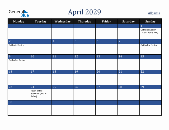 April 2029 Albania Calendar (Monday Start)