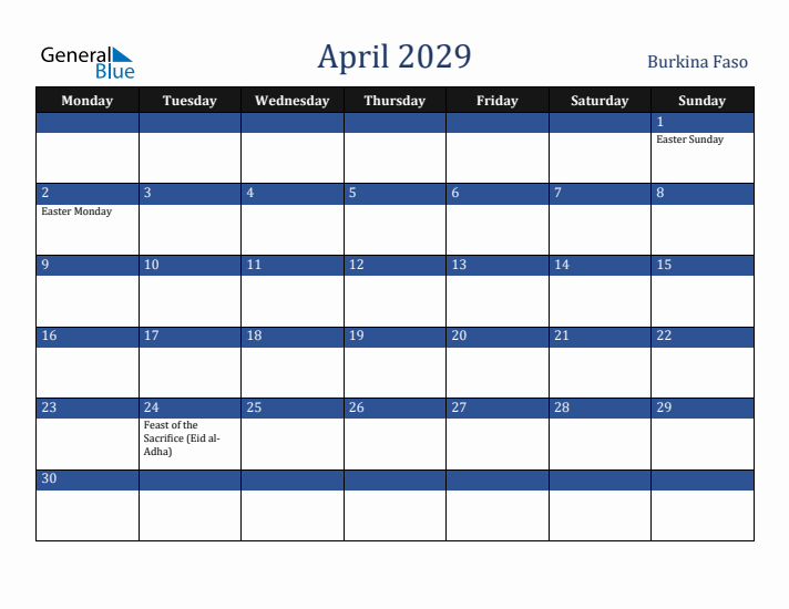 April 2029 Burkina Faso Calendar (Monday Start)