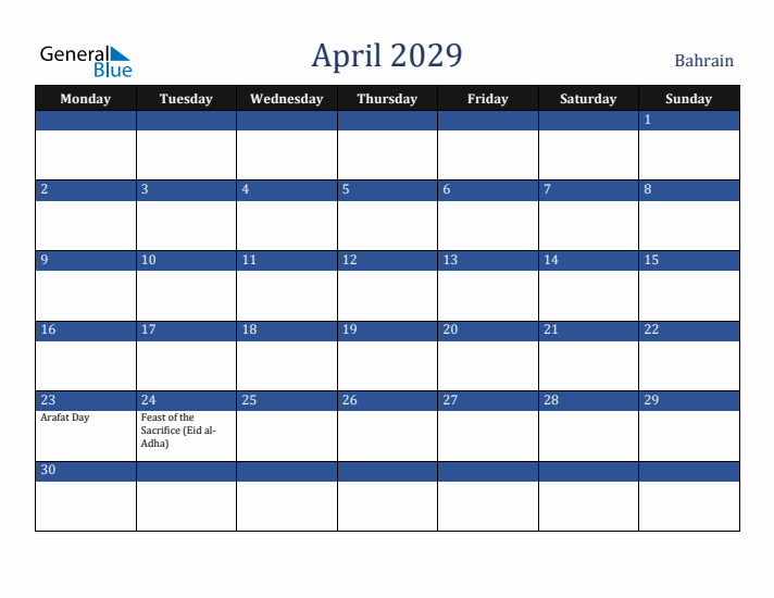 April 2029 Bahrain Calendar (Monday Start)