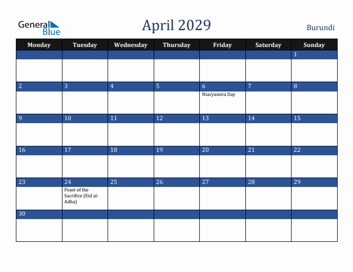 April 2029 Burundi Calendar (Monday Start)