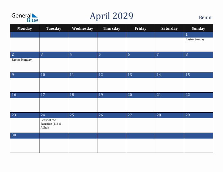 April 2029 Benin Calendar (Monday Start)