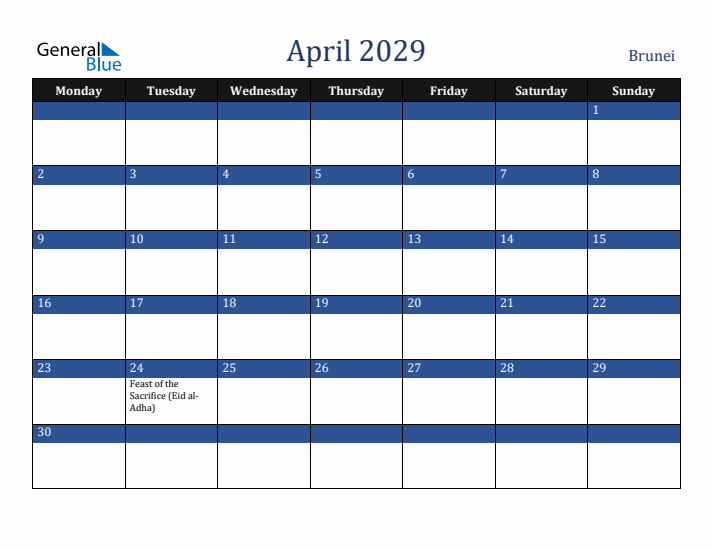 April 2029 Brunei Calendar (Monday Start)
