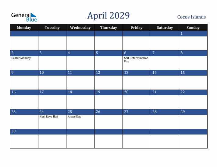 April 2029 Cocos Islands Calendar (Monday Start)