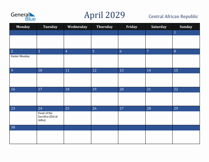 April 2029 Central African Republic Calendar (Monday Start)