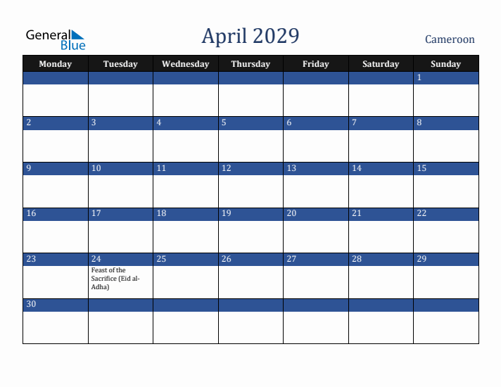 April 2029 Cameroon Calendar (Monday Start)