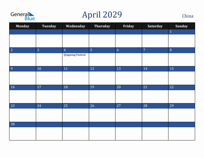 April 2029 China Calendar (Monday Start)
