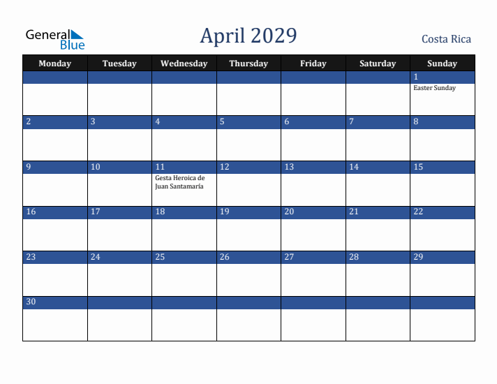 April 2029 Costa Rica Calendar (Monday Start)
