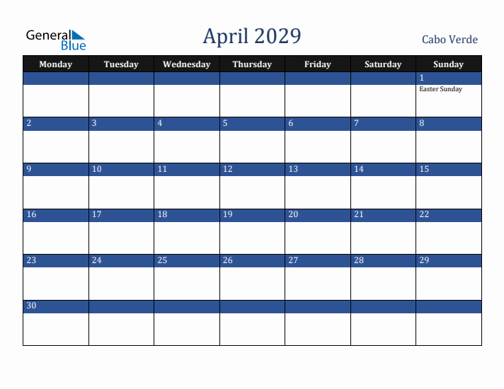 April 2029 Cabo Verde Calendar (Monday Start)