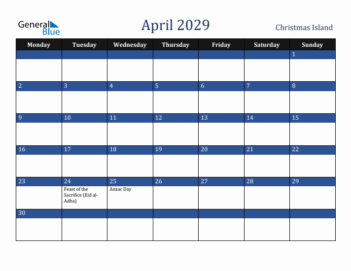 April 2029 Christmas Island Calendar (Monday Start)