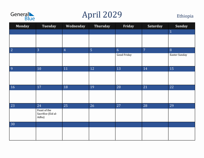 April 2029 Ethiopia Calendar (Monday Start)