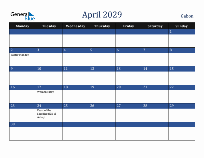 April 2029 Gabon Calendar (Monday Start)