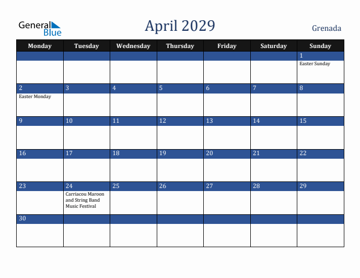 April 2029 Grenada Calendar (Monday Start)