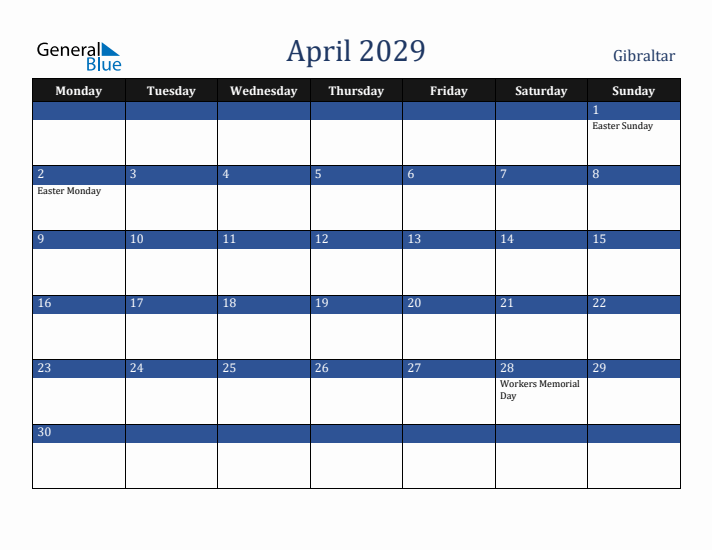 April 2029 Gibraltar Calendar (Monday Start)