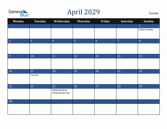 April 2029 Guam Calendar (Monday Start)