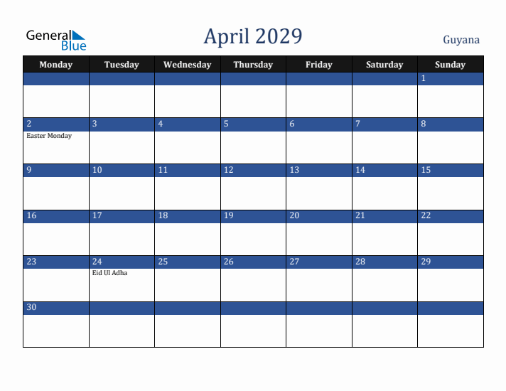 April 2029 Guyana Calendar (Monday Start)