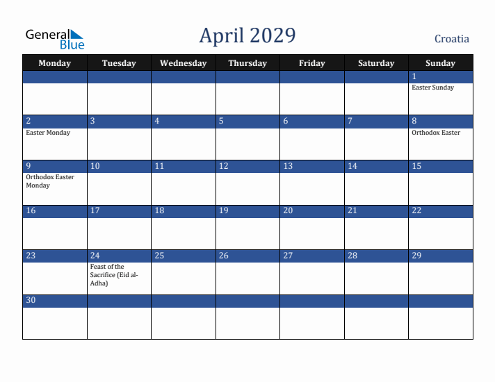 April 2029 Croatia Calendar (Monday Start)