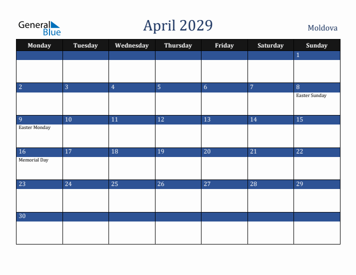 April 2029 Moldova Calendar (Monday Start)