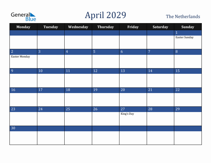 April 2029 The Netherlands Calendar (Monday Start)