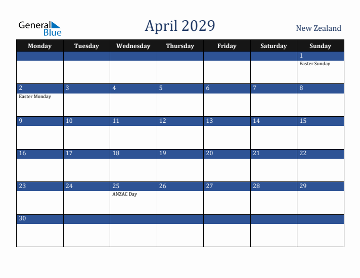 April 2029 New Zealand Calendar (Monday Start)