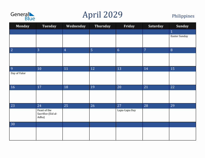 April 2029 Philippines Calendar (Monday Start)